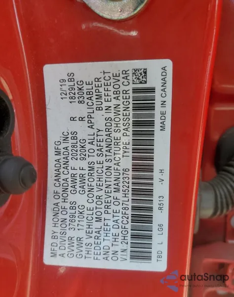 2020 Honda Civic Sport from USA, damaged, VIN 2HGFC2F87LH522376